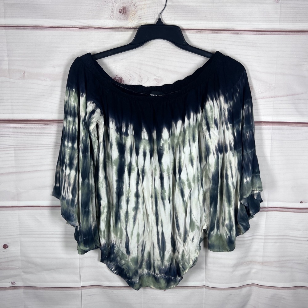 Fifteen Twenty Top Women XS Black Tie Dye Off The Shoulder Bell Sleeve Blouse